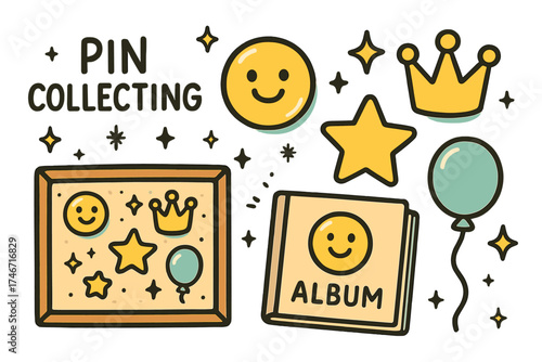 Cute Enamel Pin Collection. Pin collecting doodle icon set: hand drawn icons of enamel pin with smile, crown, star, balloon,