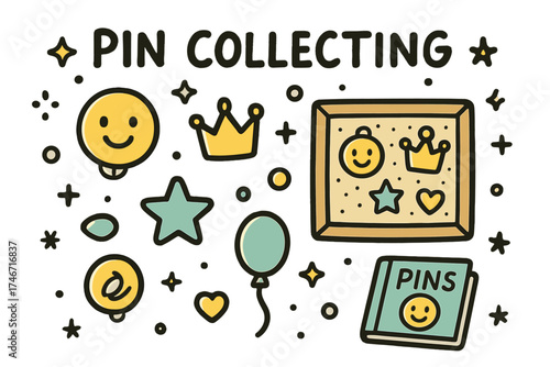 Cute Enamel Pin Collection. Pin collecting doodle icon set: hand drawn icons of enamel pin with smile, crown, star, balloon,