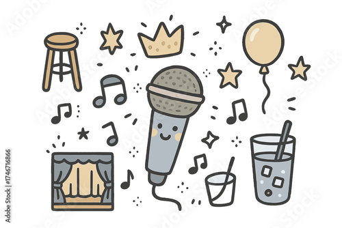 Open Mic Icons. Open mic doodle icon set: hand drawn icons of microphone with smile, stool, crown, star, balloon, stage, notes,