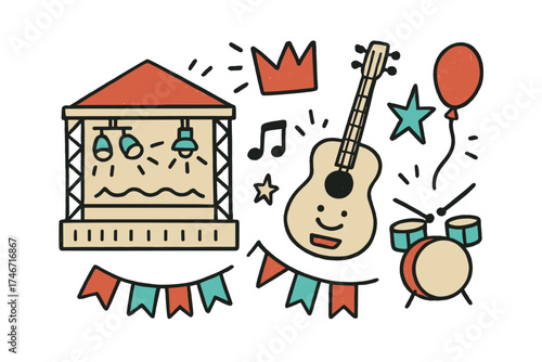 Festival Stage Doodle. Festival stage doodle icon set: hand drawn icons of big stage, lights, guitar with smile, crown, star,