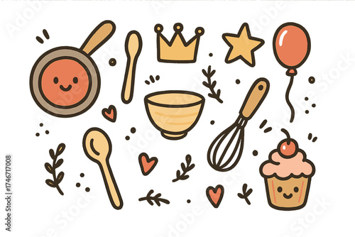 Cooking Workshop Doodles. Cooking workshop doodle icon set: hand drawn icons of frying pan with smile, spoon, crown, star, balloon
