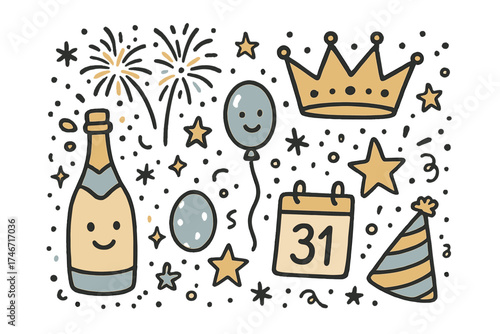 New Year Doodle Icons. New Year festival doodle icon set: hand drawn icons of champagne bottle with smile, fireworks, crown, star,
