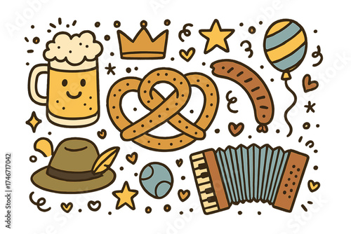 Oktoberfest Doodle Icons. Oktoberfest doodle icon set: hand drawn icons of beer mug with smile, pretzel, crown, star, balloon,