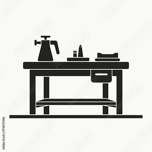 Table with tools in flat design, construction topics ideal. Construction topics illustrated by toolbox, kettle and container on surface.