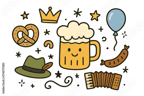 Oktoberfest Doodle Icons. Oktoberfest doodle icon set: hand drawn icons of beer mug with smile, pretzel, crown, star, balloon,