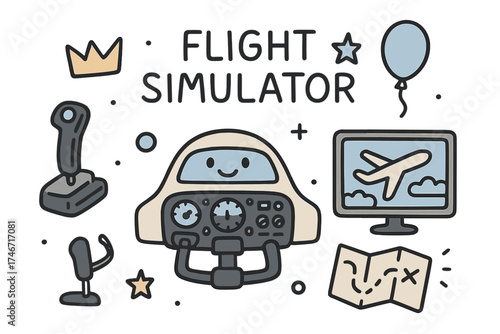 Flight Simulator Icons. Flight simulator doodle icon set: hand drawn icons of airplane cockpit with smile, joystick, crown, star,