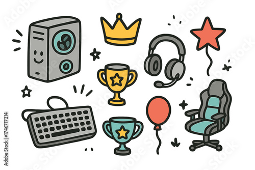 Conjunto de Iconos Esports. Esports doodle icon set: hand drawn icons of gaming PC with smile, headset, crown, star, balloon,