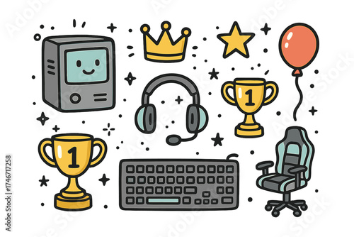 Conjunto de Iconos Esports. Esports doodle icon set: hand drawn icons of gaming PC with smile, headset, crown, star, balloon,