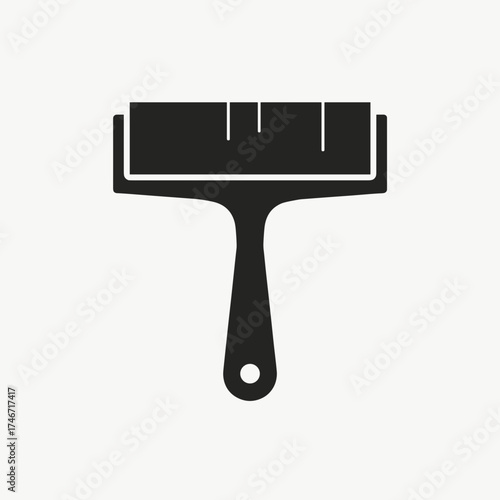 Paint roller tool in black on white, simple paint roller, depicts equipment for painting. Construction tool for DIY home improvement projects, features small hole for hanging.