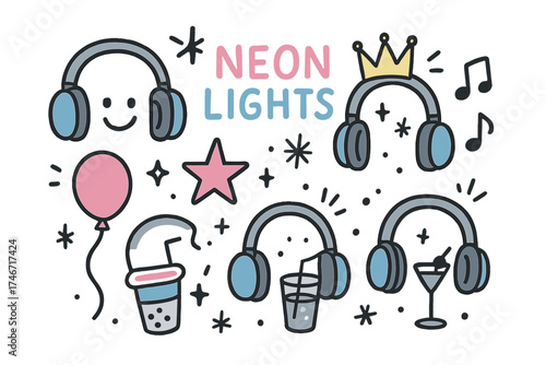 Silent Disco Doodle Icons. Silent disco doodle icon set: hand drawn icons of headphones with smile, crown, star, balloon, neon