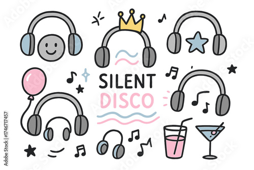 Silent Disco Doodle Icons. Silent disco doodle icon set: hand drawn icons of headphones with smile, crown, star, balloon, neon