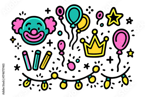Neon Carnival Icons. Neon carnival doodle icon set: hand drawn icons of clown with smile, balloons, crown, star, balloon, glow