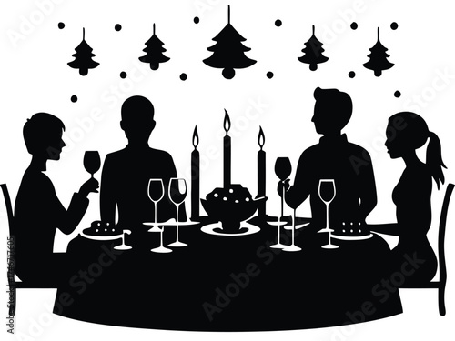 Vector art of silhouette of people at christmas dinner