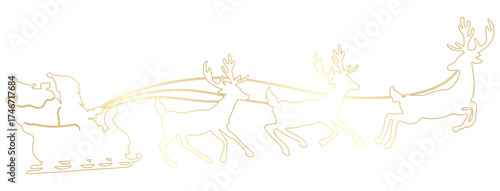 Golden line art santa claus with raindeer on transparent background