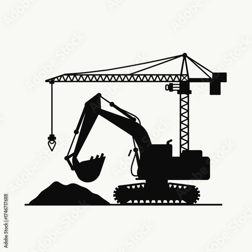 Silhouette construction equipment including crane and excavator on clear background. Construction equipment helps with engineering, building, and transporting materials at site.