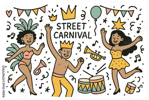 Festive Street Carnival. Street carnival illustration doodle style: hand drawn dancers with smile, crown, star, balloon, drums,