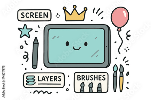 Cute Tablet Doodle. Digital art illustration doodle style: hand drawn tablet with smile, stylus, crown, star, balloon, screen,