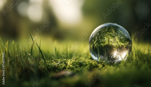 Close-up of a glass sphere reflecting vibrant green trees and sunlight in a natural setting