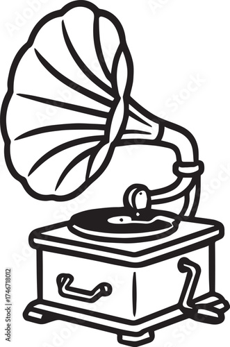 Vintage gramophone vector illustration in black and white with flared horn, turntable and crank for retro music, sound history and lifestyle themes