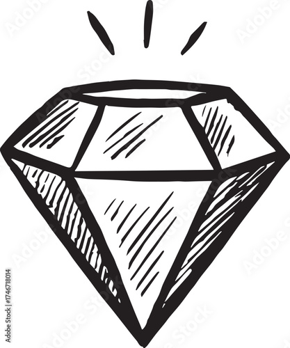Diamond vector illustration in black and white with faceted brilliance and sparkle lines for themes of luxury, clarity, value and symbolic design