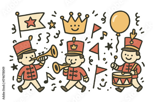 Festival Parade Doodle. Festival parade music illustration doodle style: hand drawn marching band with smile, trumpets, crown,