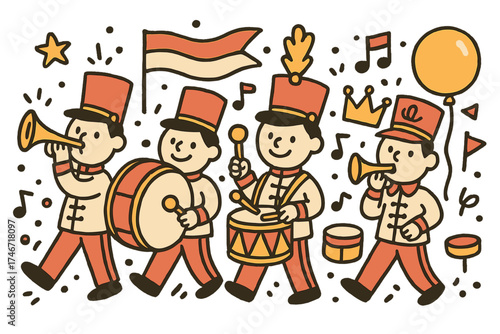 Festival Parade Doodle. Festival parade music illustration doodle style: hand drawn marching band with smile, trumpets, crown,