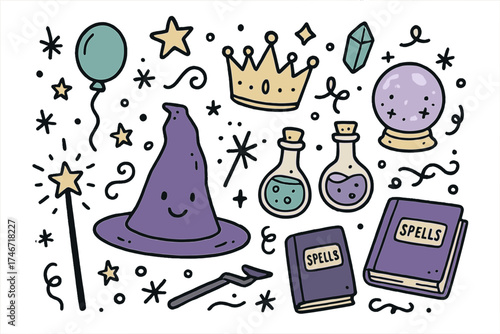 Magic Fair Doodles. Fantasy fair illustration doodle style: hand drawn wizard hat with smile, crown, star, balloon, crystal ball,
