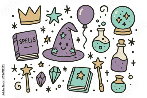 Magic Fair Doodles. Fantasy fair illustration doodle style: hand drawn wizard hat with smile, crown, star, balloon, crystal ball,