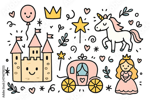 Whimsical Fairy Tale Scene. Fairy tale fair illustration doodle style: hand drawn castle with smile, crown, star, balloon, unicorn