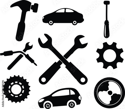 Collection of garage workshop tools icons featuring cars wrenches hammer screwdriver and gears