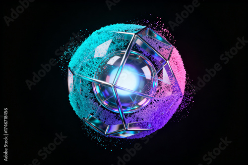 Abstract geometric sphere with glowing particles