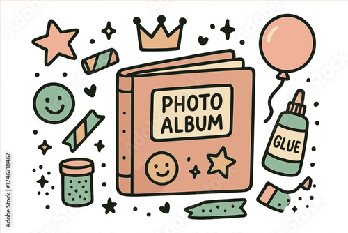Whimsical Scrapbooking Essentials. Scrapbooking DIY illustration doodle style: hand drawn photo album with smile, crown, star,