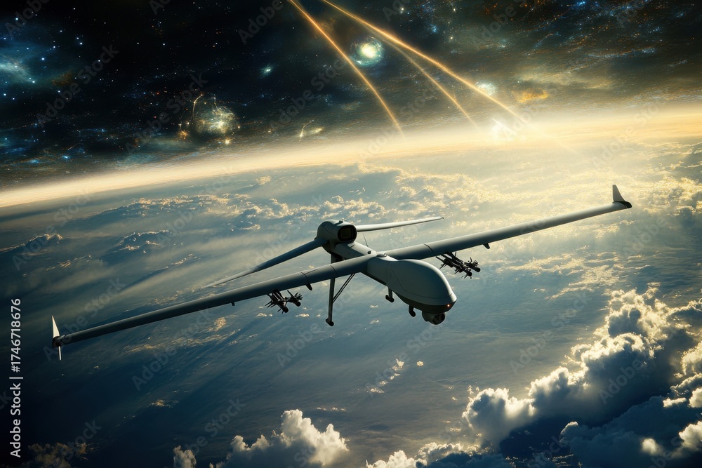 Naklejka premium Drone flying above Earth with cosmic events in the background during twilight