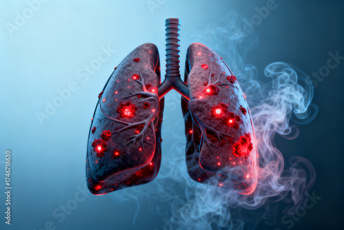 Human lungs with red spots and smoke