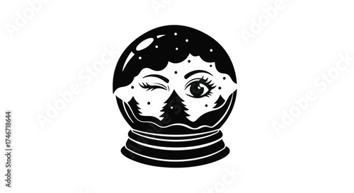 Whimsical snow globe with a winking eye and a dreamy winter landscape inside