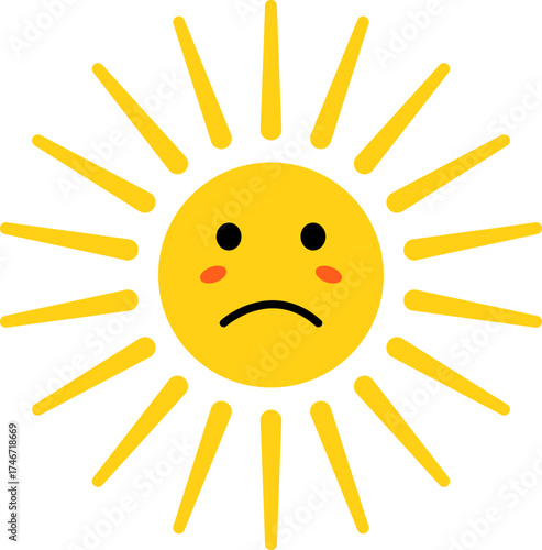 Sad sun icon with rays and blush cheeks