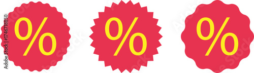 Three red oval sale discount percentage signs on white background