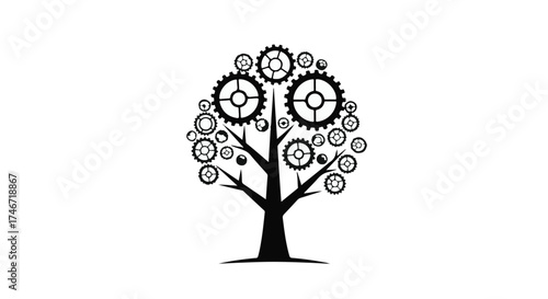 Mechanical tree with gears as leaves symbolizes growth and innovation