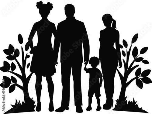 Vector art of silhouette of happy family standing together