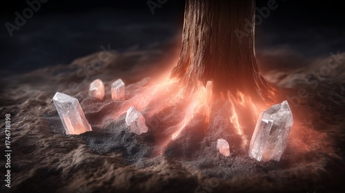 conceptual illustration showing the ground around a specialized tree visibly glowing with an increased pH, represented by a warm, vibrant aura. Beneath the surface, inorganic carbon is depicted 