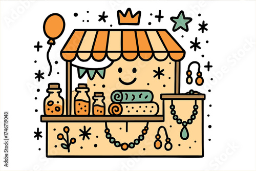Bazaar Doodle Delight. Weekend bazaar illustration doodle style: hand drawn stall with smile, crown, star, balloon, spices,
