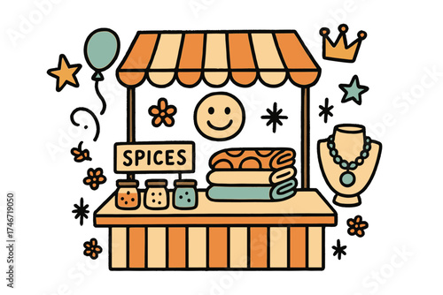 Bazaar Doodle Delight. Weekend bazaar illustration doodle style: hand drawn stall with smile, crown, star, balloon, spices,
