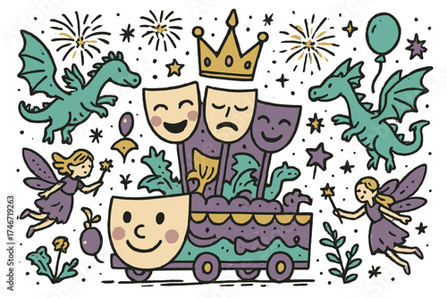 Fantastical Parade Extravaganza. Fantasy parade night illustration doodle style: hand drawn float with smile, masks, crown, star,