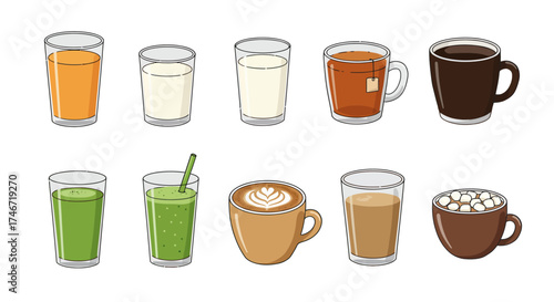 Ten assorted beverages in glasses and mugs on a white background