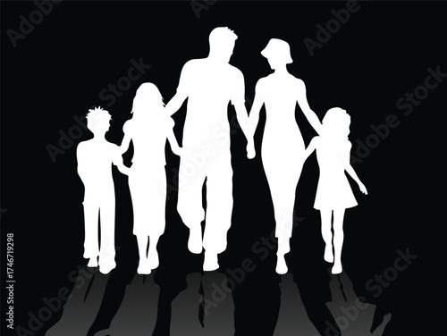 Silhouette illustration of a family of five holding hands, consisting of a father, mother, son, and two daughters, against a dark background.