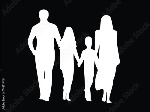 Silhouette of a family of four, including a father, mother, daughter, and son, holding hands, depicted in white against a black background.
