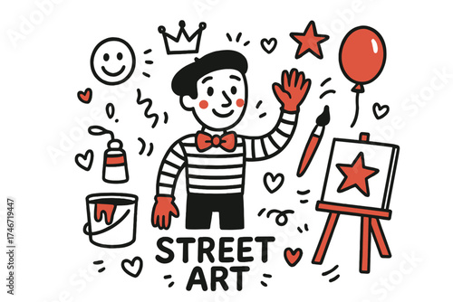Charming Mime Art. Street performance art illustration doodle style: hand drawn mime with smile, crown, star, balloon, paint,