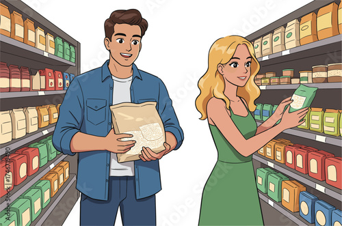 Two people shopping in grocery store aisle, holding paper bag and package, retail lifestyle, supermarket shelves with food products