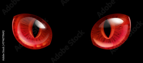 A pair of fiery red feline eyes with sharp vertical pupils, radiating an eerie, supernatural glow. The irises feature intricate textures and glossy highlights that simulate depth and realism.