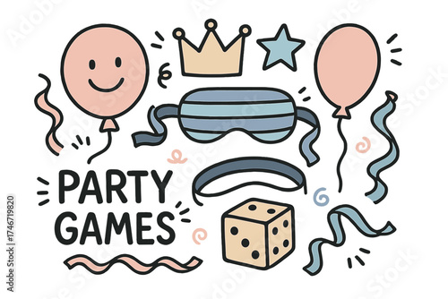 Doodle Party Games. Party games illustration doodle style: hand drawn balloon with smile, crown, star, balloon, blindfold, dice,